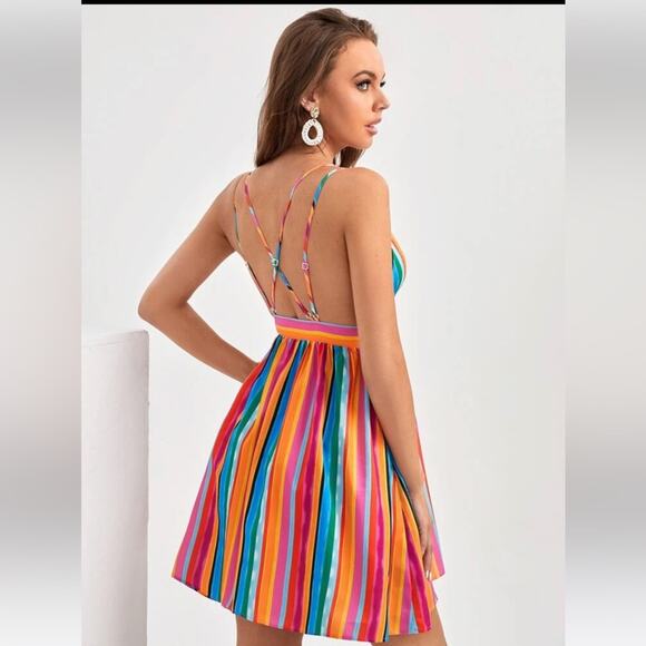 SHEIN Tall Vertical Striped Crisscross Back Cami Dress - Picture 2 of 8